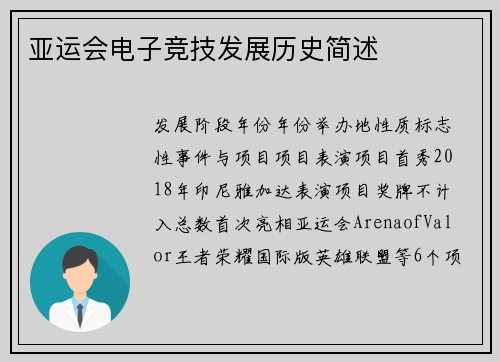 亚运会电子竞技发展历史简述